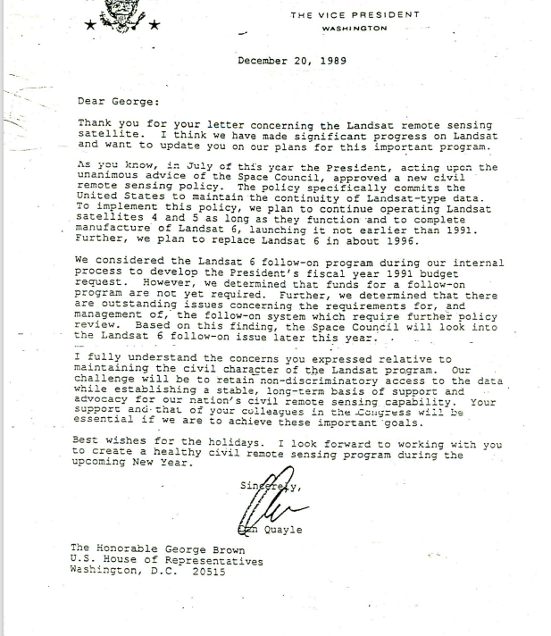 Screenshot of 1989 Letter to George Brown from Vice President Dan Quayle. Link in Text.