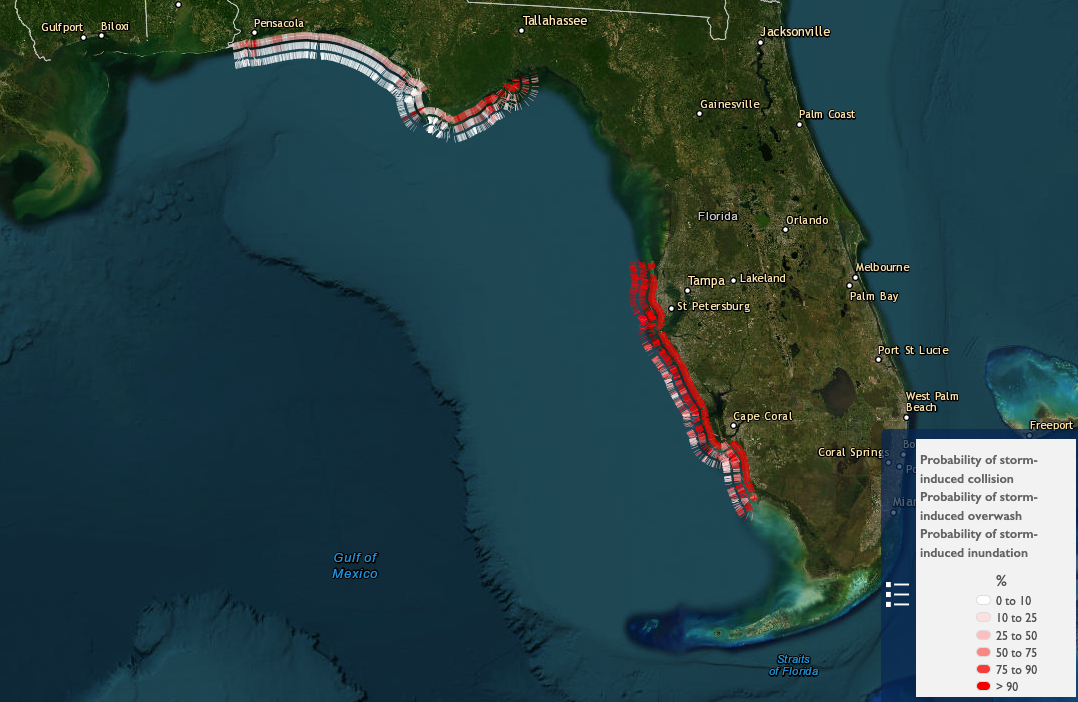 Florida with colored areas indicating shoreline changes