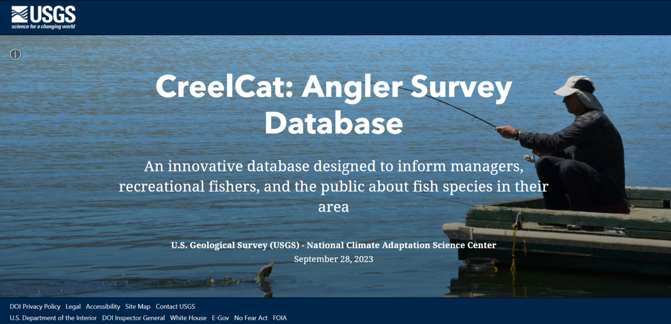 Photo of a man sitting on a dock holding a fishing rod. Overlaid text reads: "CreelCat: Angler Survey Database. An innovative database designed to inform managers, recreational fishers, and the public about fish species in their area."