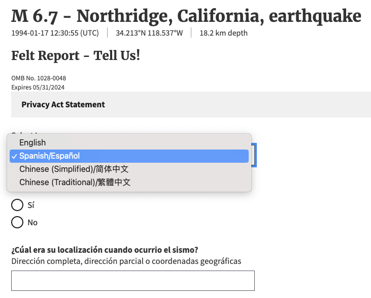 Screenshot from the "Did you feel it?" felt report form from the Northridge earthquake.