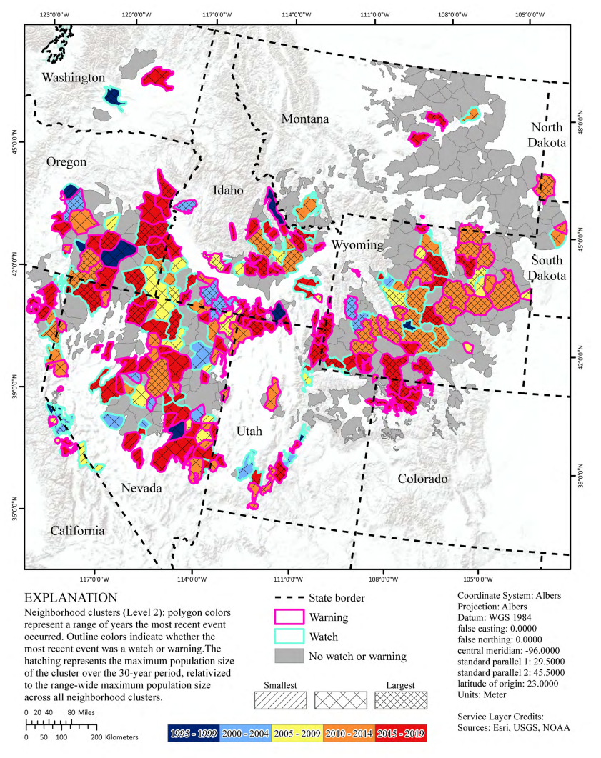 map of the western US with colored polygons represented population declines or increases
