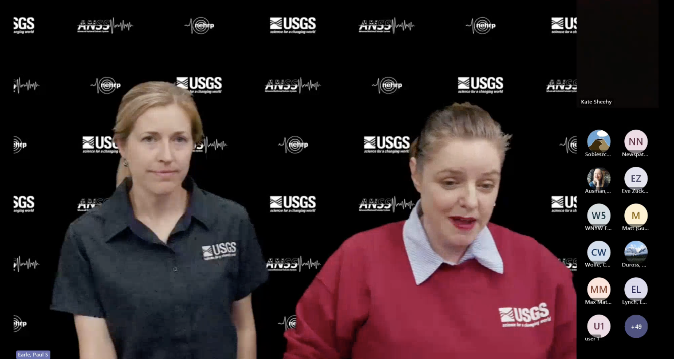 Two people talk during an online meeting.