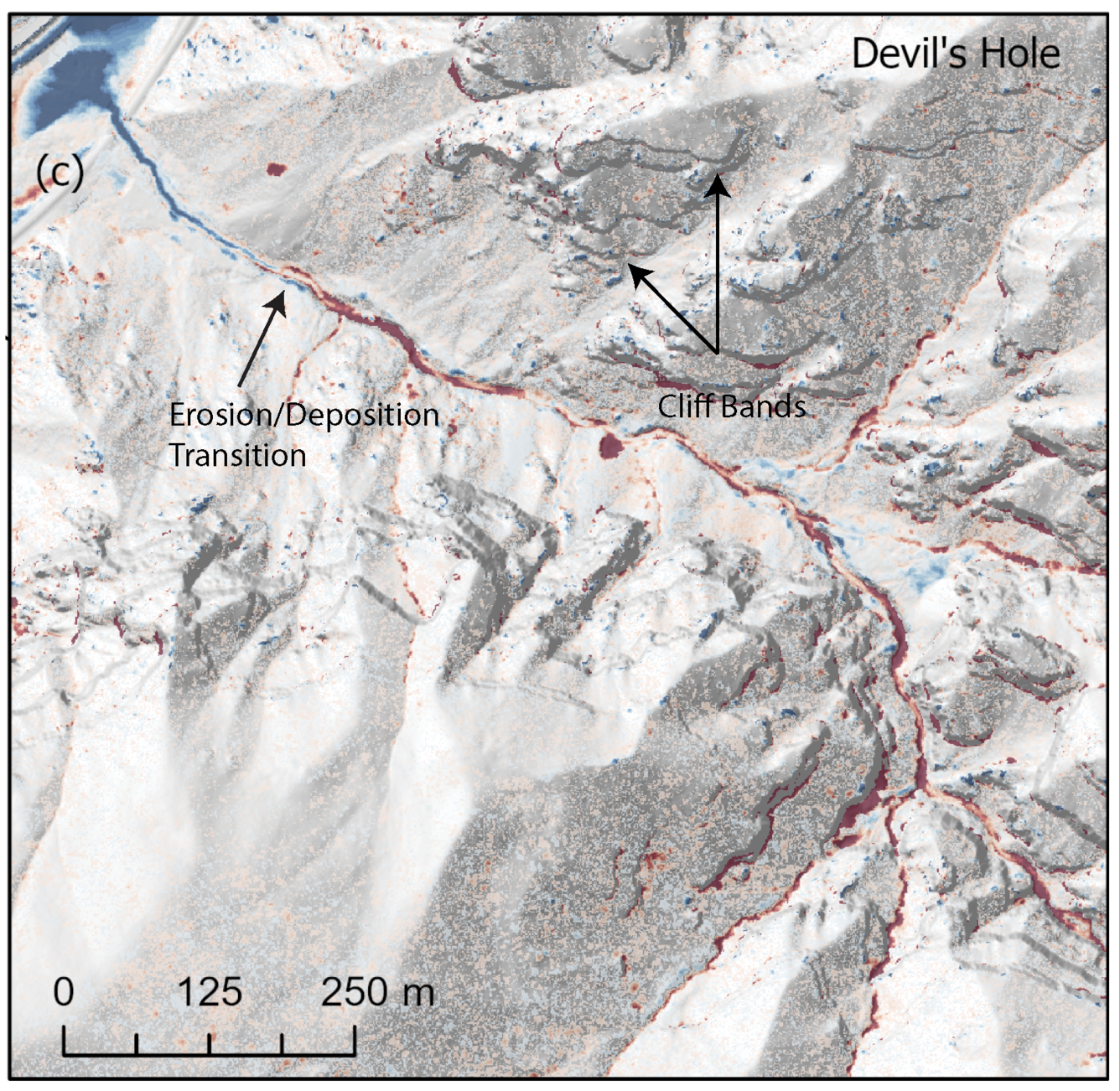 The red area on this Lidar map shows erosion in a channel upstream following 2021 debris flows in Glenwood Springs, Colorado.