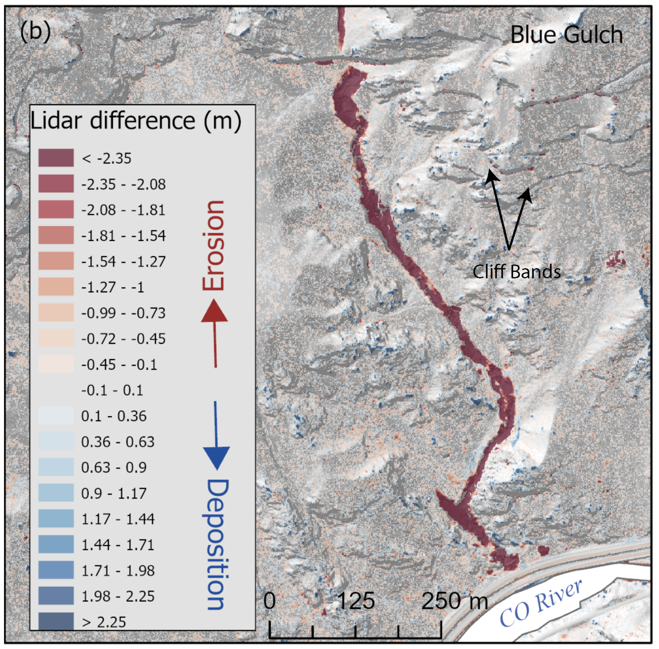 Lidar map showing erosion and deposition