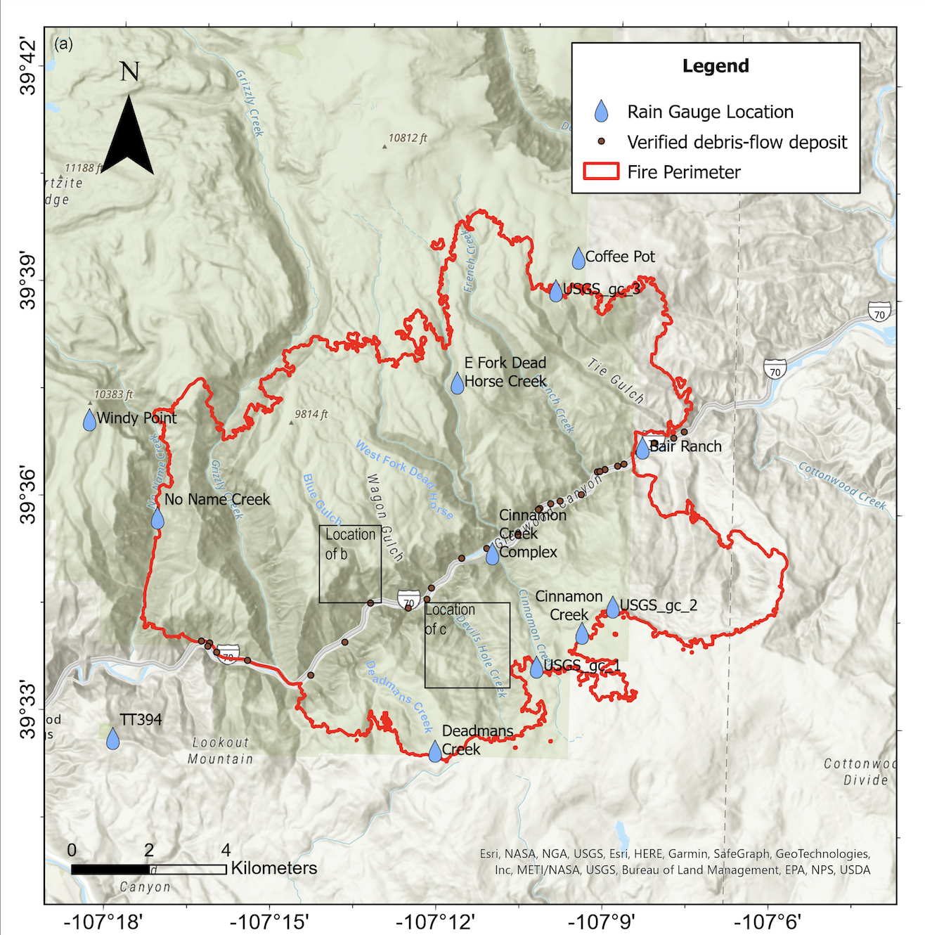 Map showing the burn perimeter, rain gauges, and locations of debris flow observations. 
