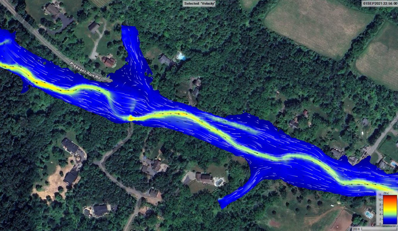 Aerial map of a section of river overlaid with defined flooding zones extending into the surrounding areas