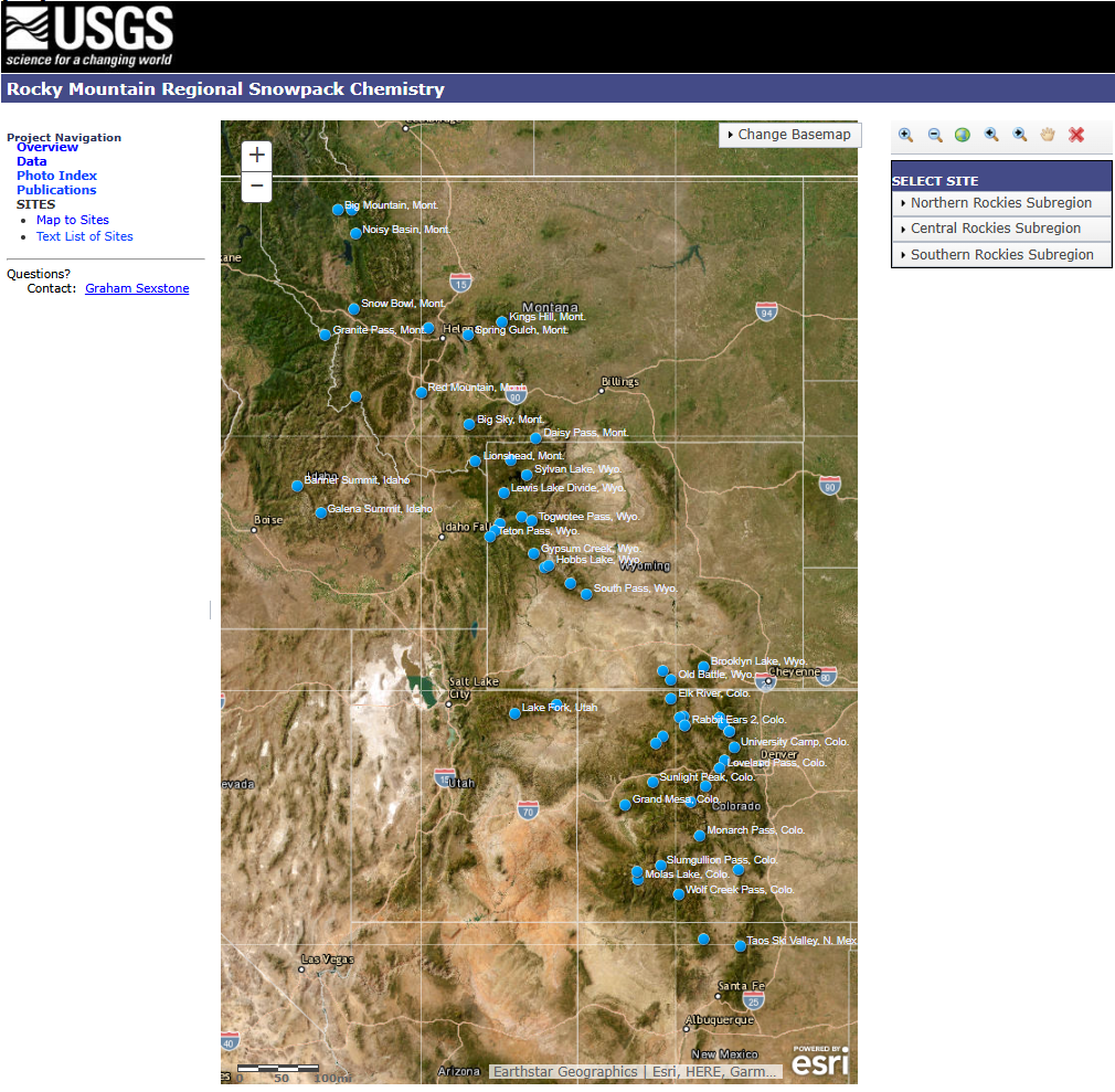 Screenshot of Rocky Mountain Regional Snowpack Chemistry interactive map