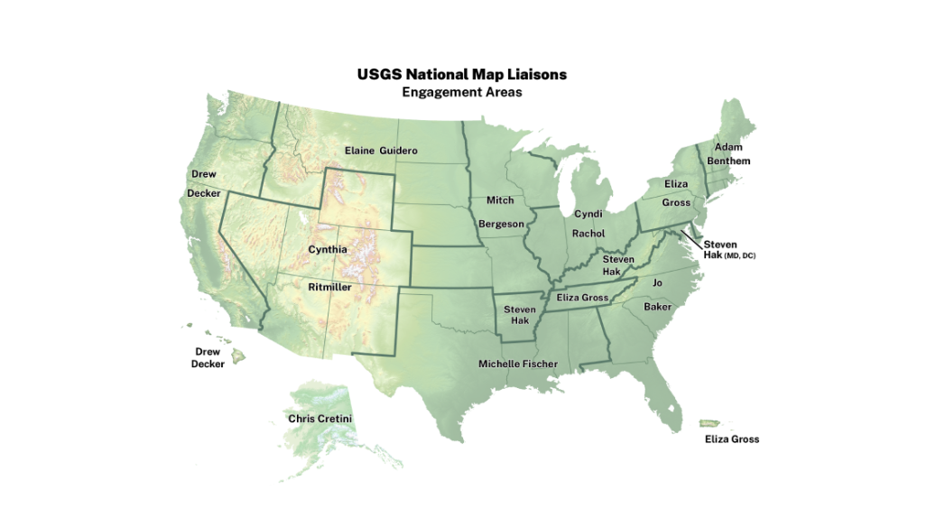 Map showing The National Map Liaisons points of contact