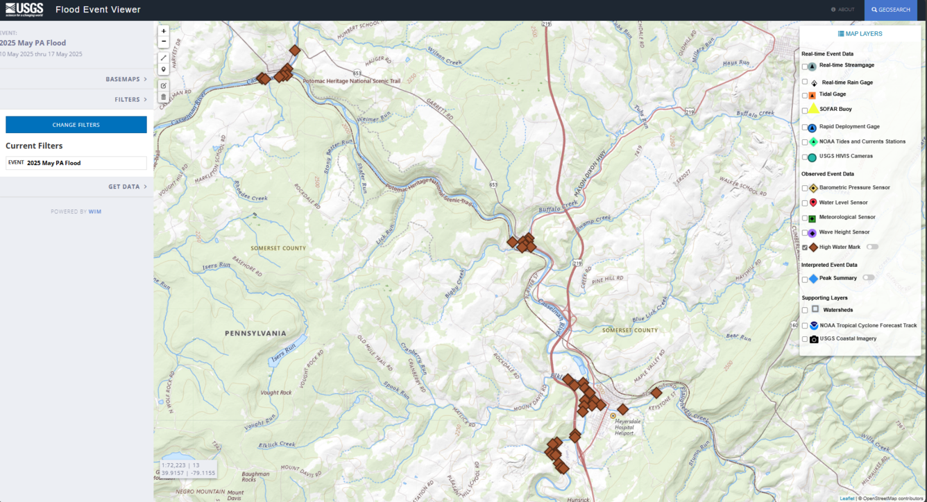 Screenshot of the USGS flood event viewer, with 2025 May PA Flood shown on the map.