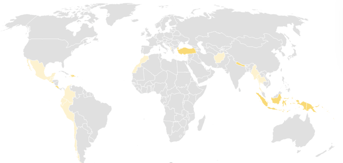 EDAT works collaboratively around the world and builds relationships that save lives and decrease the impacts of earthquakes and related disasters. This map highlights countries with recent (light yellow) and current (dark yellow) EDAT activities. 