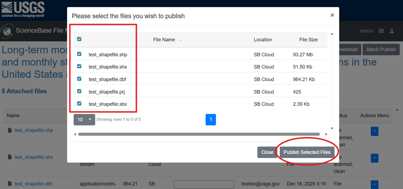 screenshot showing the interface in ScienceBase to batch publish files to an S3 bucket