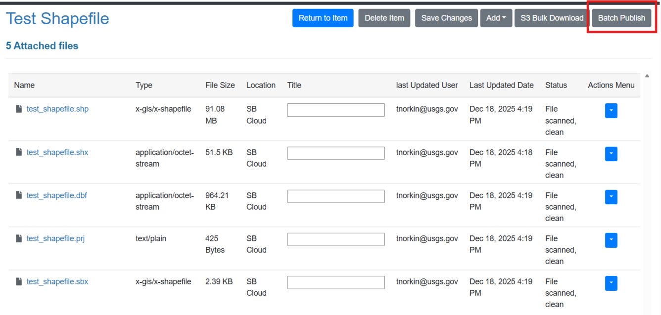 screenshot of ScienceBase user interface showing where to select the batch publish option