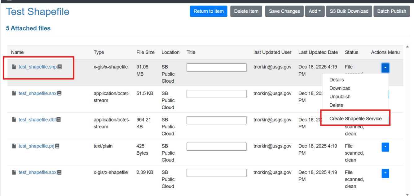 Screenshot of ScienceBase user interface showing how to create shapefile service 