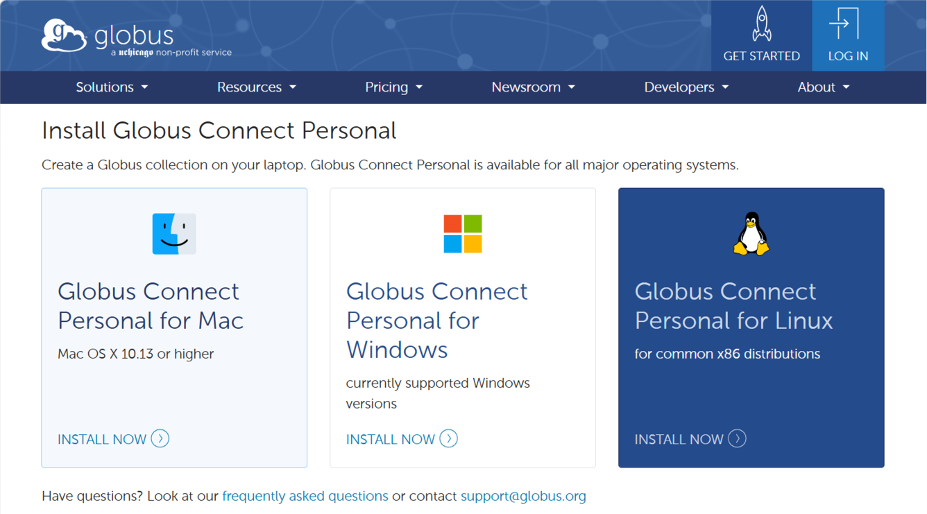 Screenshot of Globus website, highlighting Globus Connect Personal