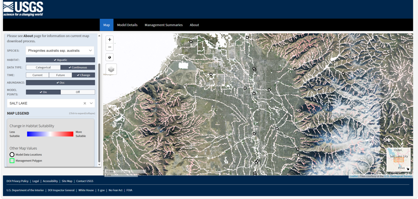 a map of Salt Lake City with rivers and streams colored white to red, all within a web application
