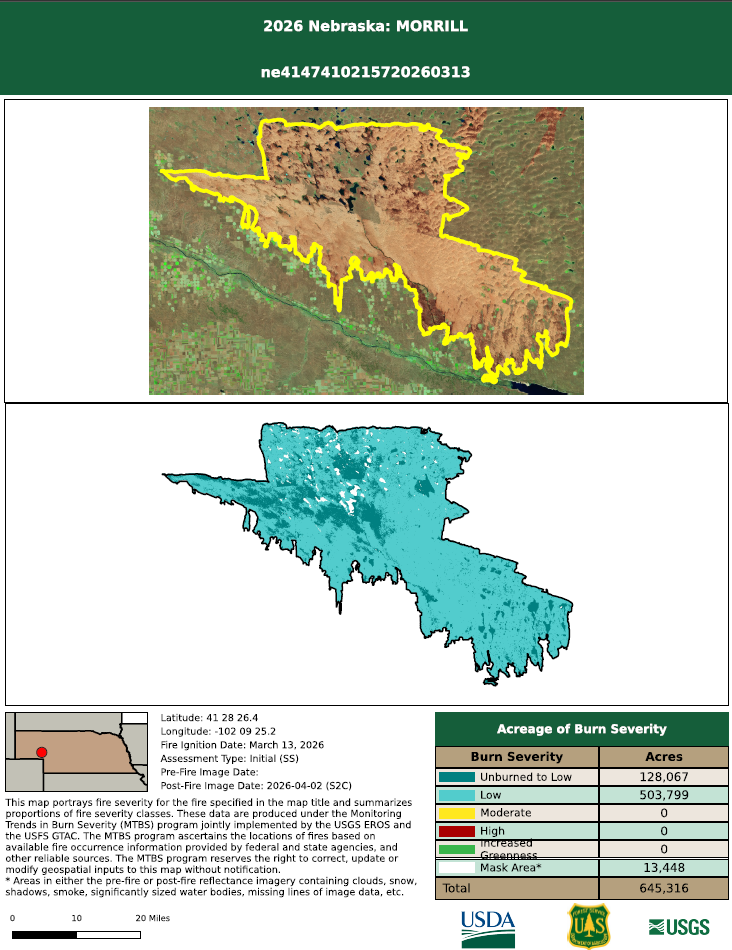 A mosaic raster of the 2026 Morrill fire in Nebraska.