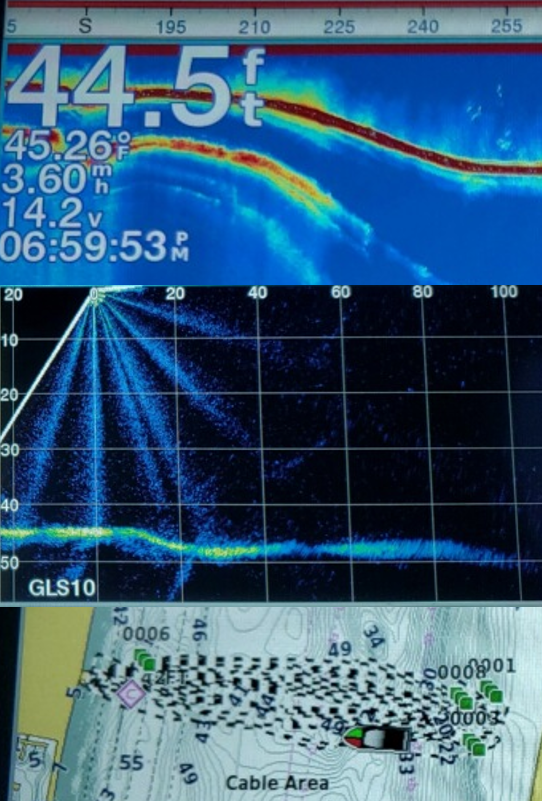 three part image showing numbers and digital data as colors with a map of a boat path