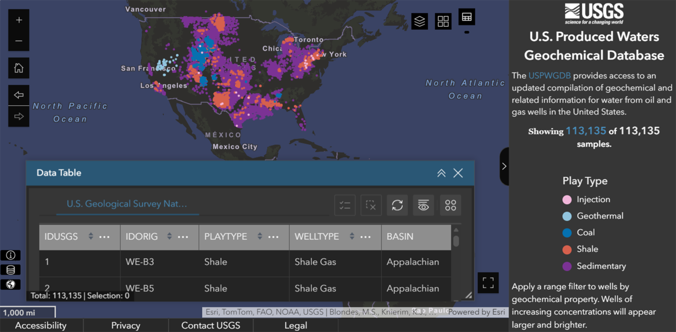 A screenshot of the USGS National Produced Waters Geochemical Database viewer.