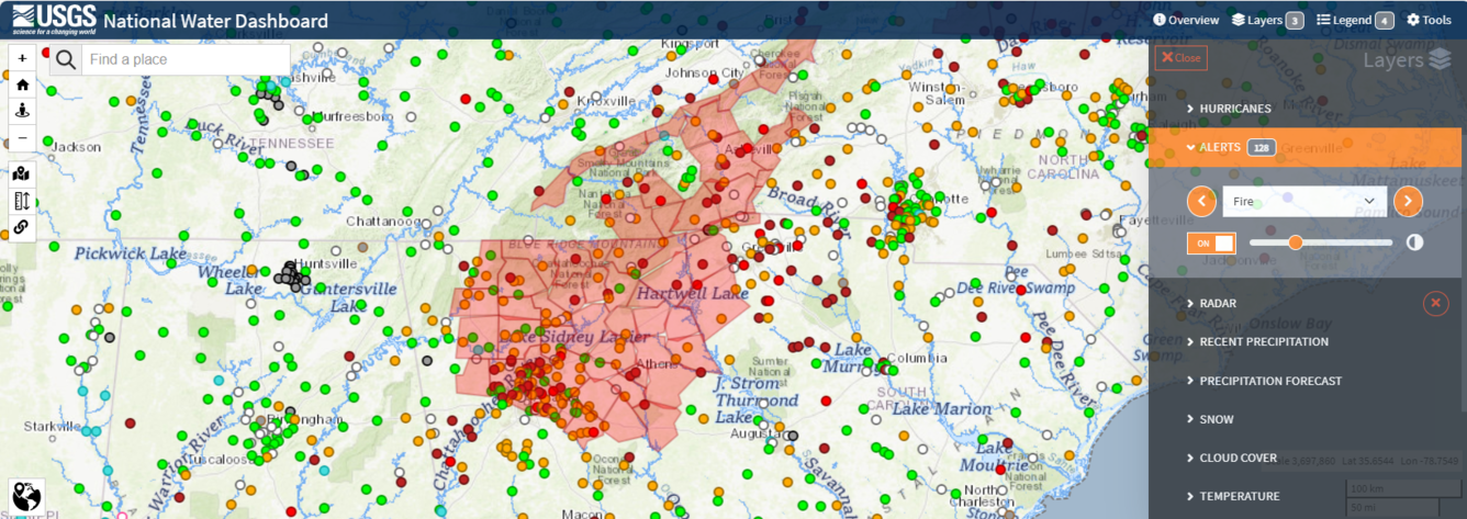 Map image of fire alert areas in Georgia, North and South Carolina
