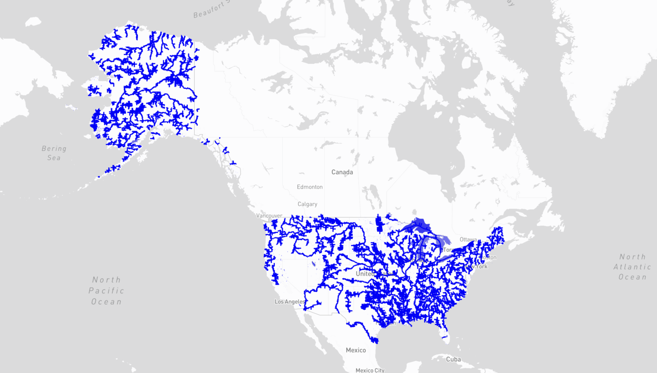 A US map has rivers, streams and lakes highlighted in blue to indicate areas where satellite water level data is available.