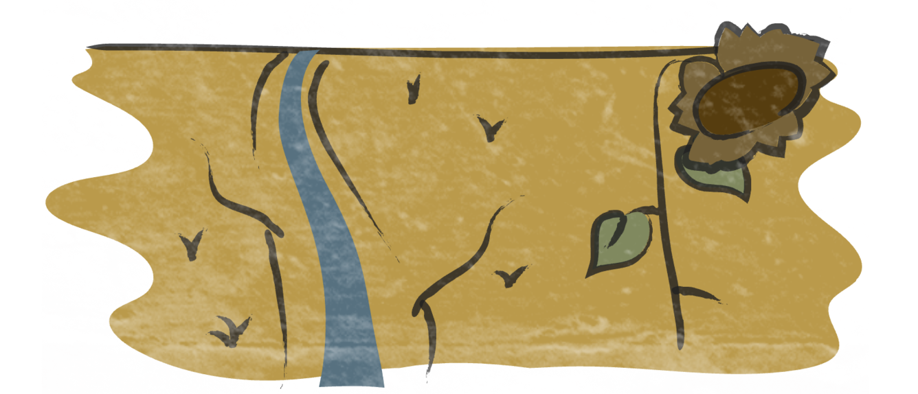 illustration of stream surround by brown dirt. 