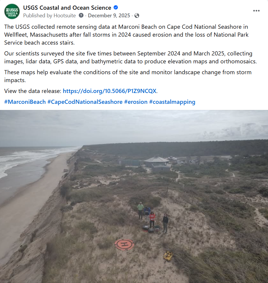 facebook post with text and photo showing people standing on sandy coastline