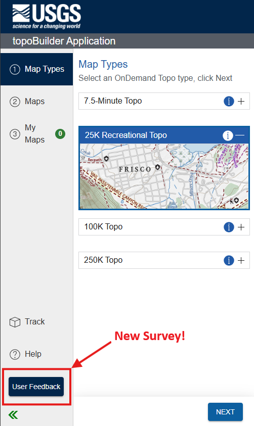 Text, arrow, and box indicating location of survey button in topoBuilder interface