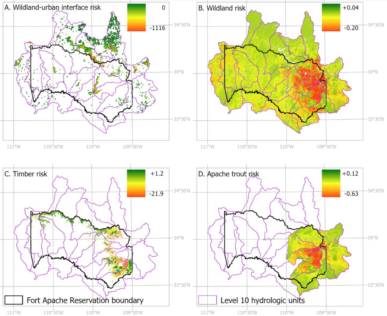 four different maps showing levels of wildfire risk on a color scale 