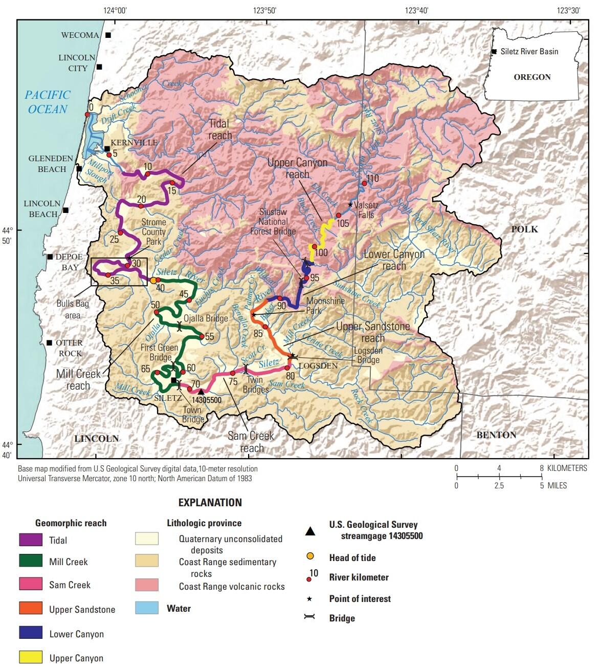 Siletz river basin outlined. Horseshoe shaped river path flows N to S then S to N to meet the ocean south of Lincoln city