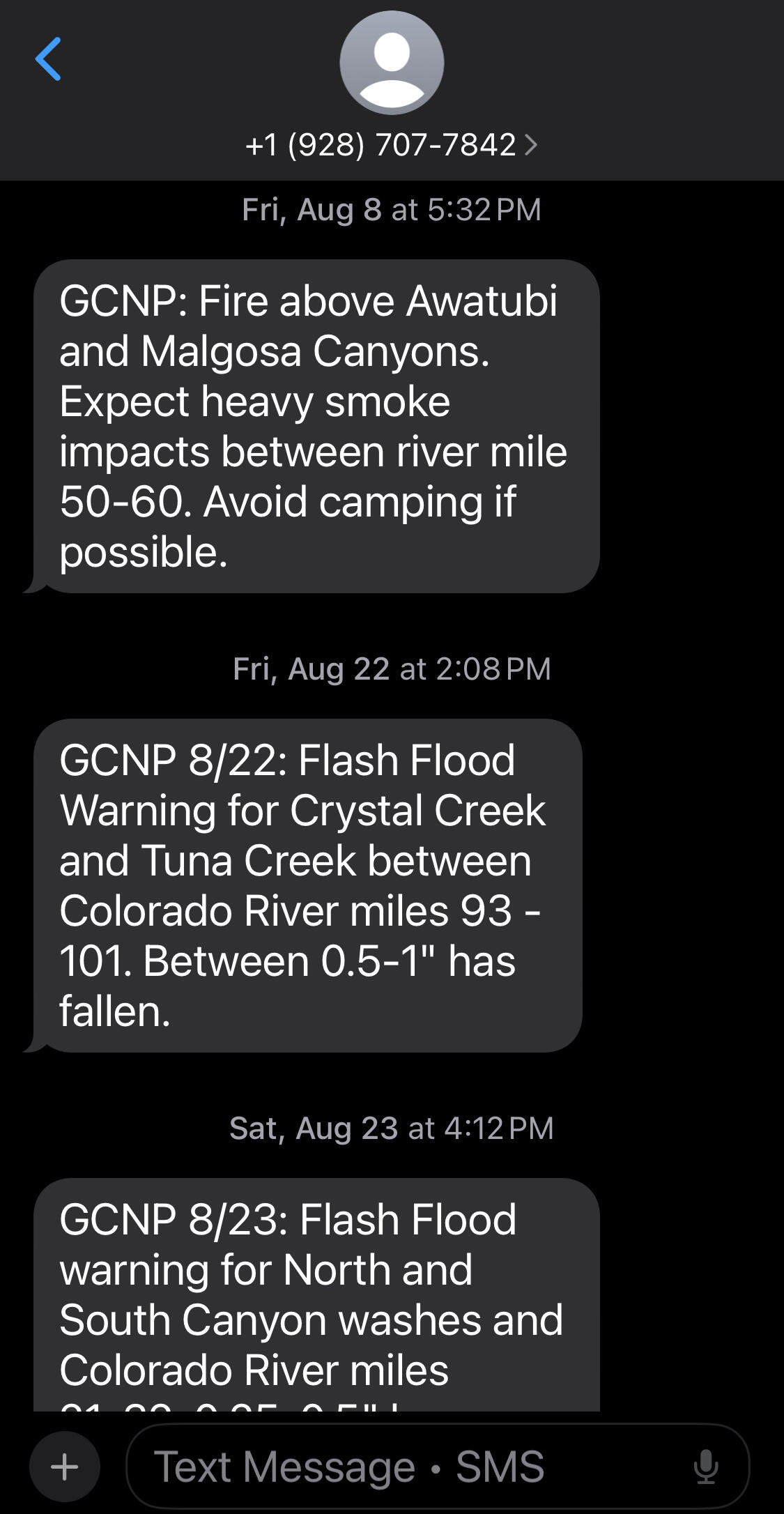 Screenshot of Grand Canyon alert system alert texts in August 2025