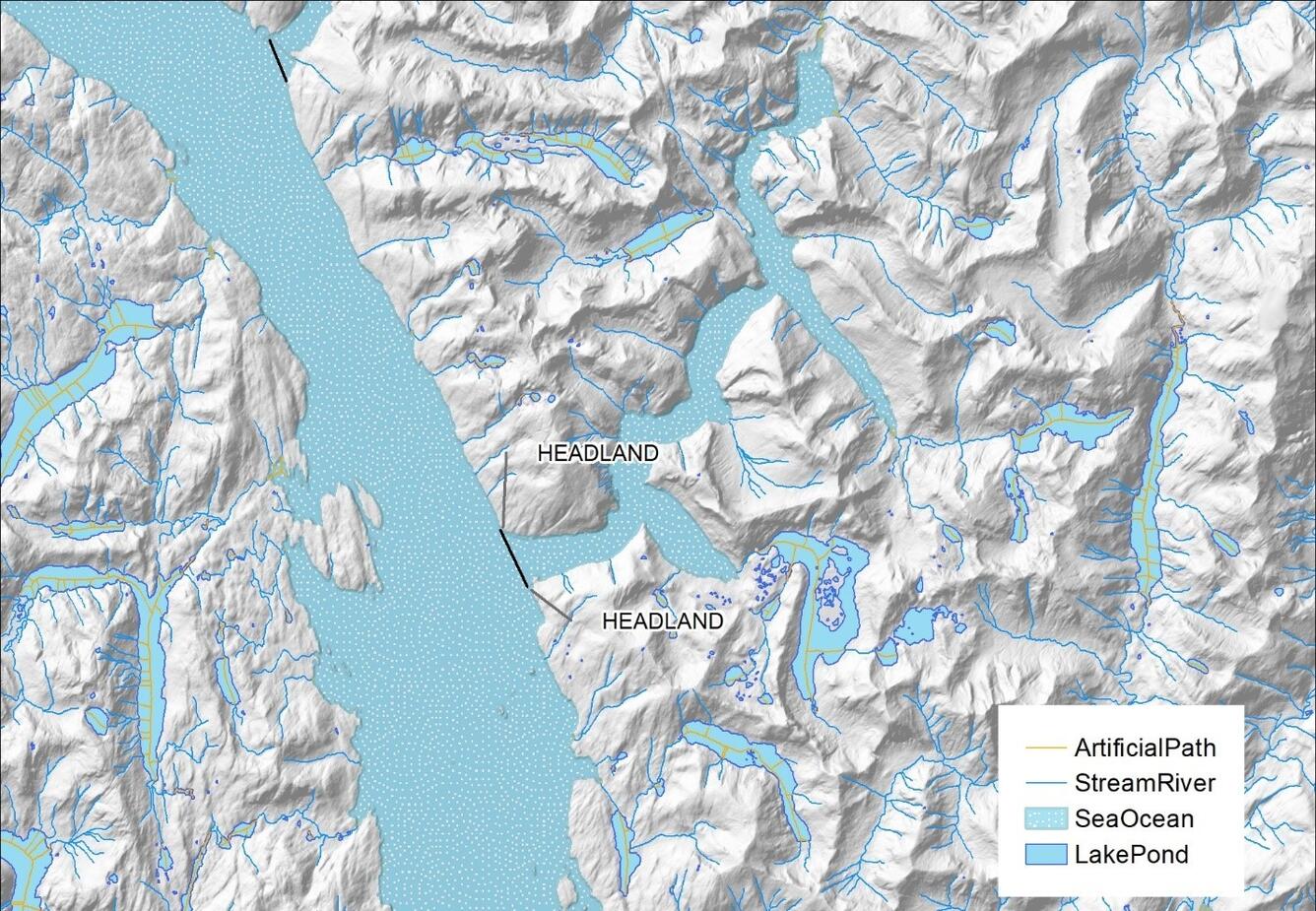A map showing a grayscale elevation surface and blue representing a Sea/ocean feature. There are black lines at inlets.