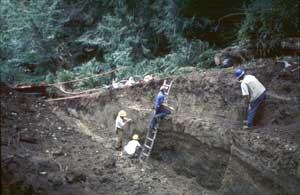 USGS and university geologists standing on trench walls and using ladder to look at and study the wall