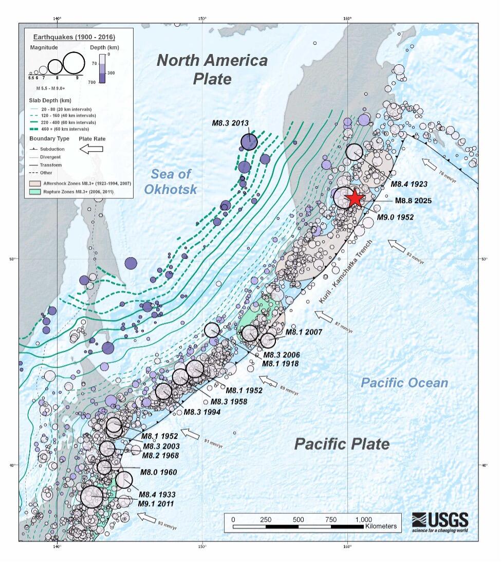 Seismicity map of the region surrounding the 2025 M8.8 earthquake 
