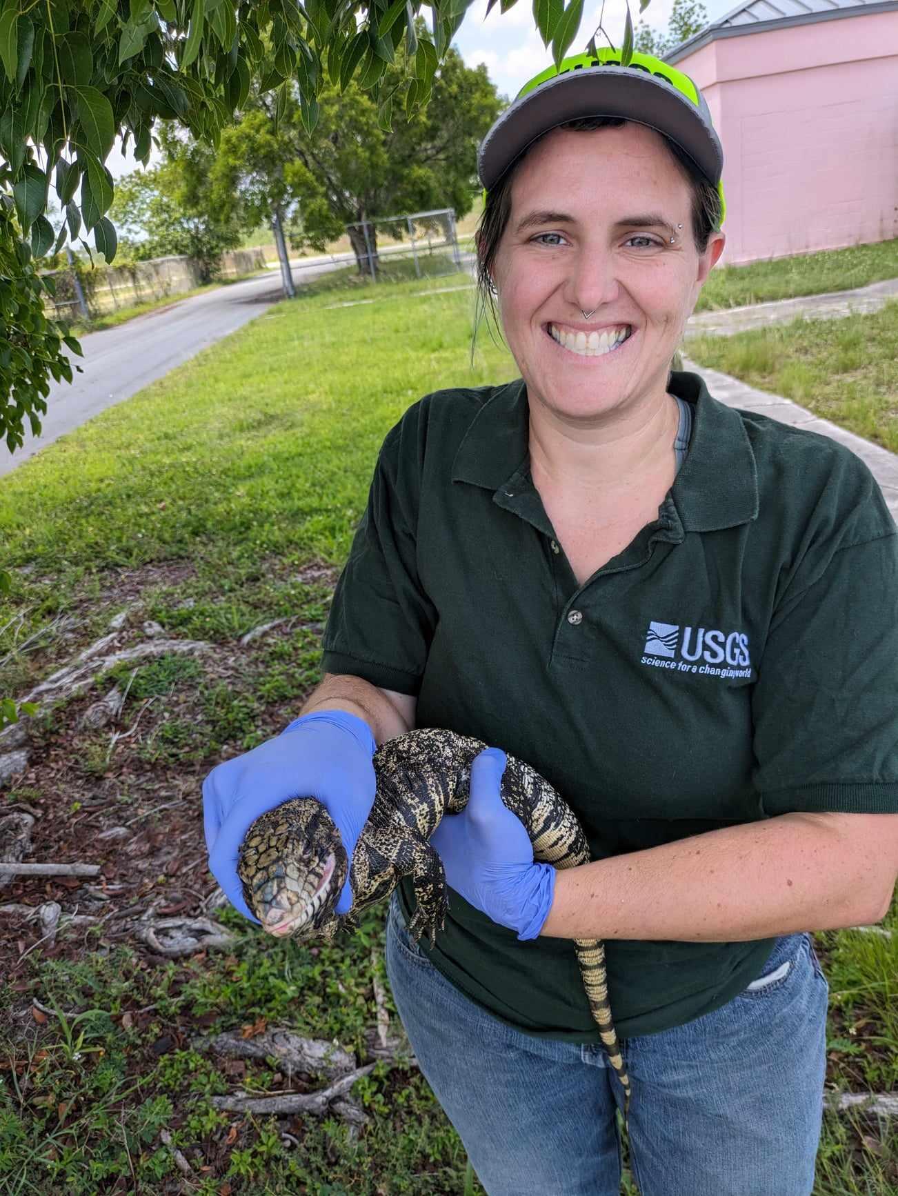 a woman in a dark green shirt and purple gloves holds a black and white lizard, pink building, grass, and trees behind