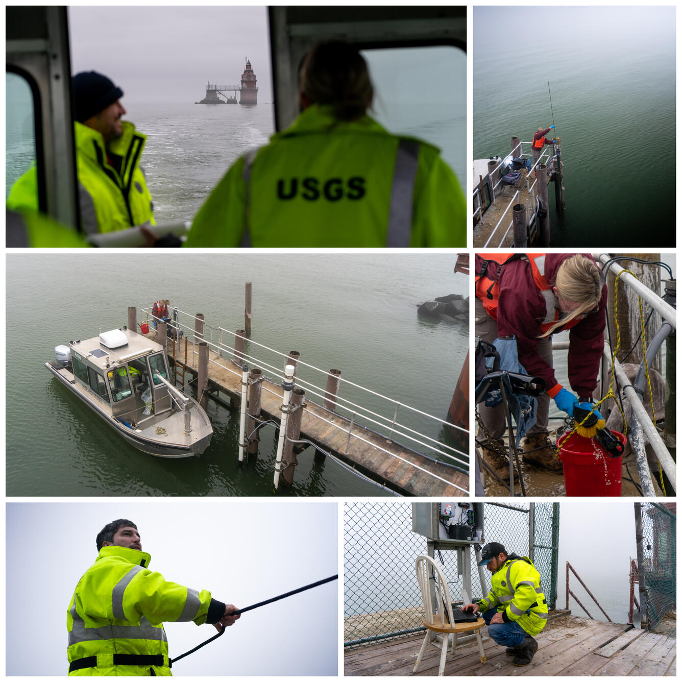 Upper left: Ship John shoal lighthouse as seen in the distance from the boat. Upper right: Sam Woomer cleans equipment. Middle left: Boat docked and getting set up for work along the dock. Middle right: Sam Woomer scrubs a water quality sonde. Lower left: Jacob Mavrogeorge adjusts a docking rope. Lower right: Michael Brownley uses a chair as a computer while working at Ship John Shoal.