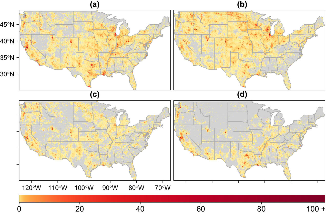 Four maps showing estimated abundance of Northern Shoveler across the U.S.
