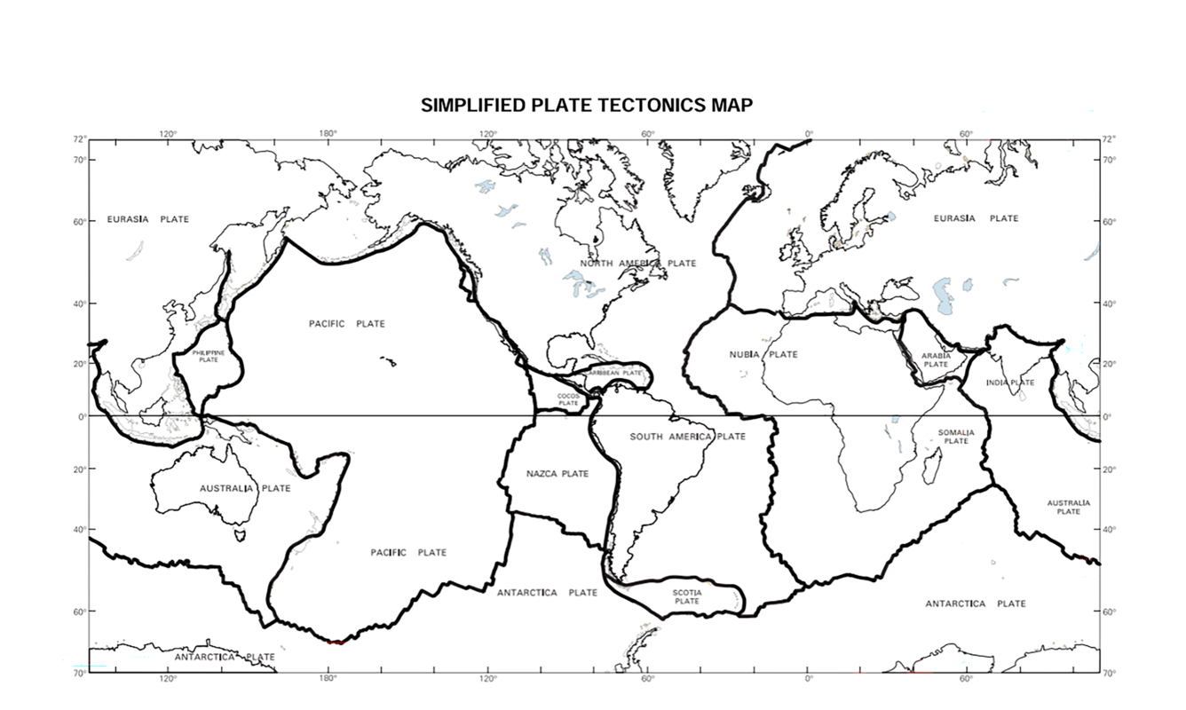 black and white image of simplified plate tectonics map