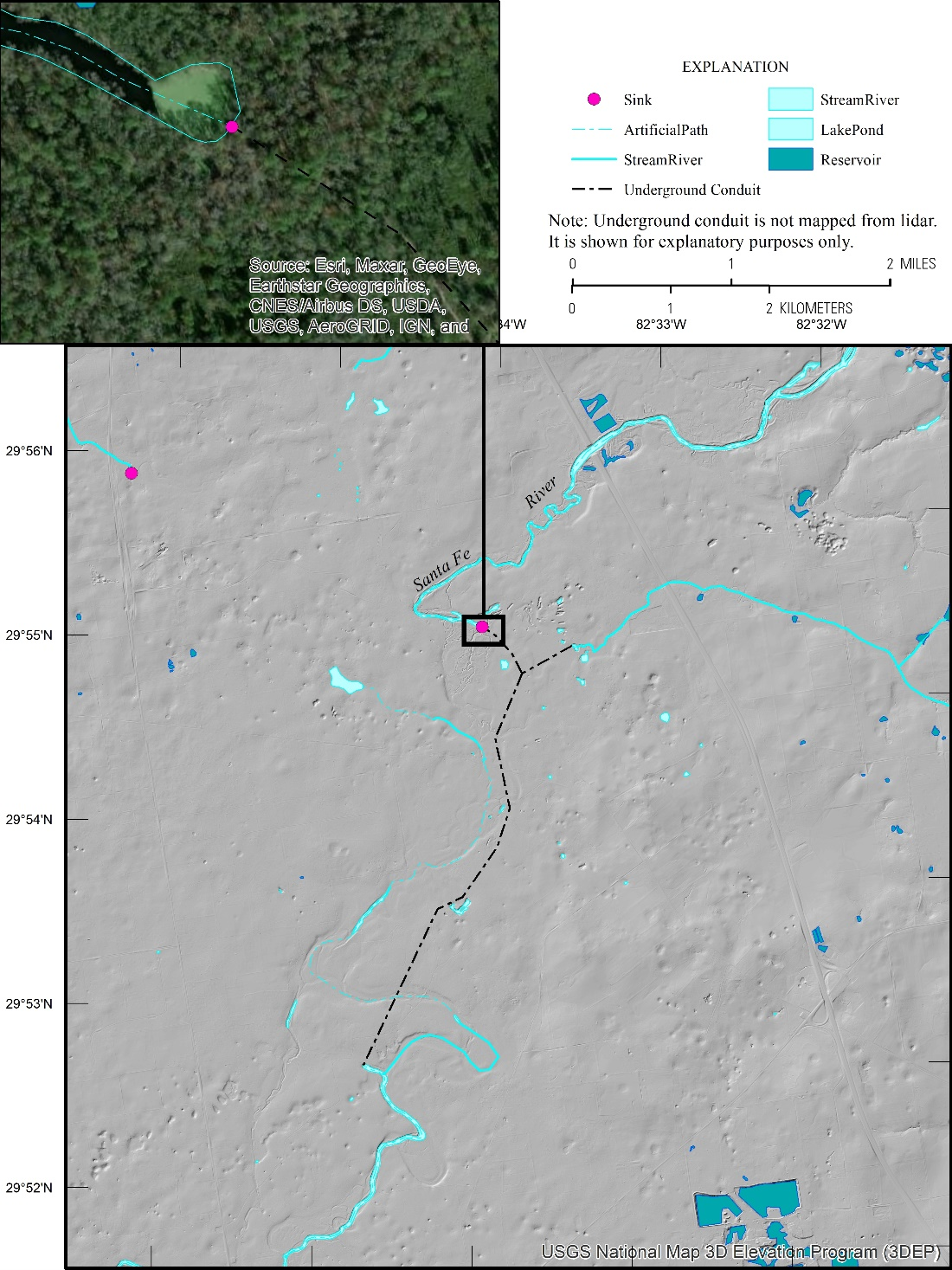 Imagery and a map depicting sink features.