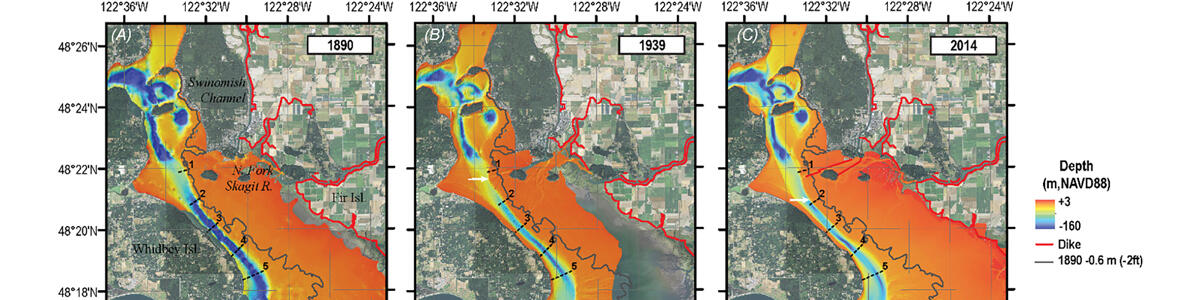 Three maps show how depth of water in a river delta changed from 1890 to 2014.