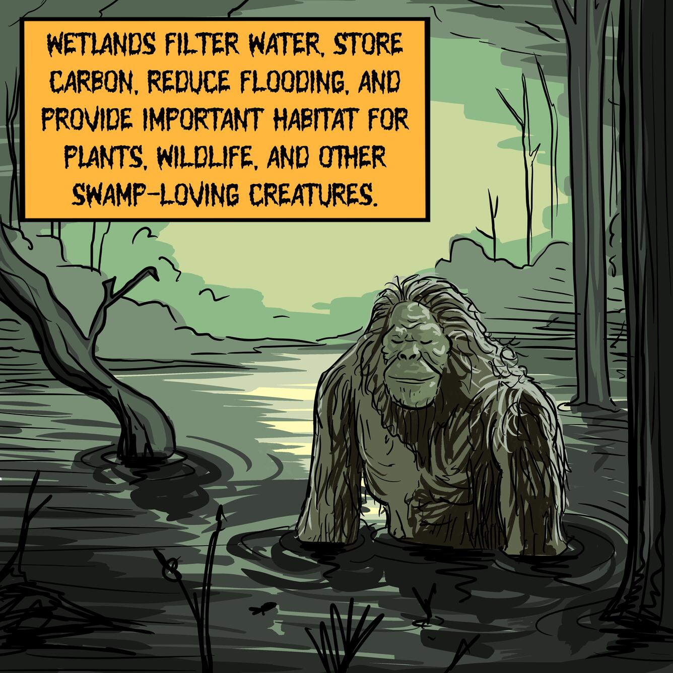 A content-looking ape-like creature bathing in a shadowy swamp.