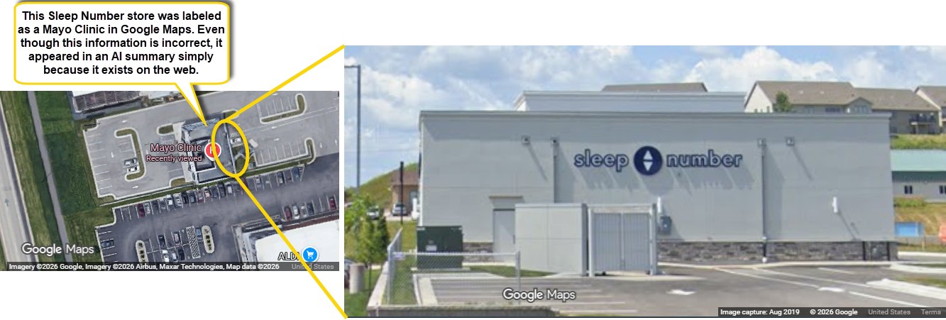 The Sleep Number store labeled as Mayo Clinic in Google Maps™ and front of the Sleep Number store in Google Street View™.