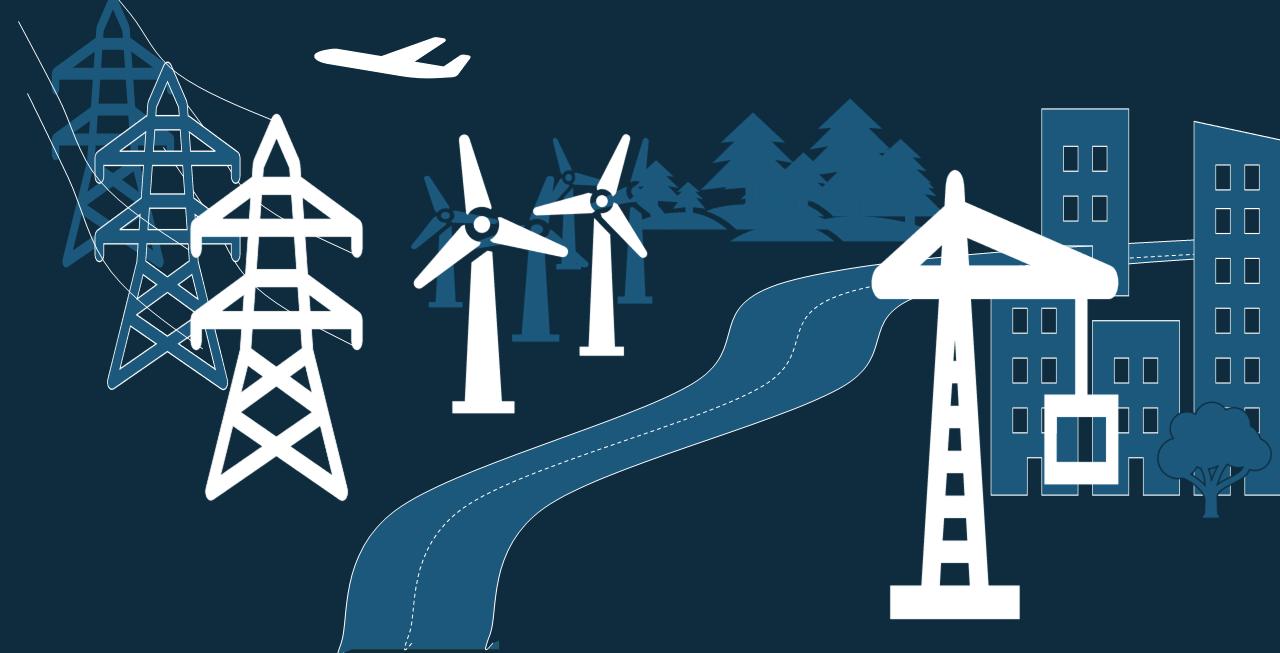 Icon image of landscape with electrical wires, wind turbines, a crane, an airplane, a road and trees. 