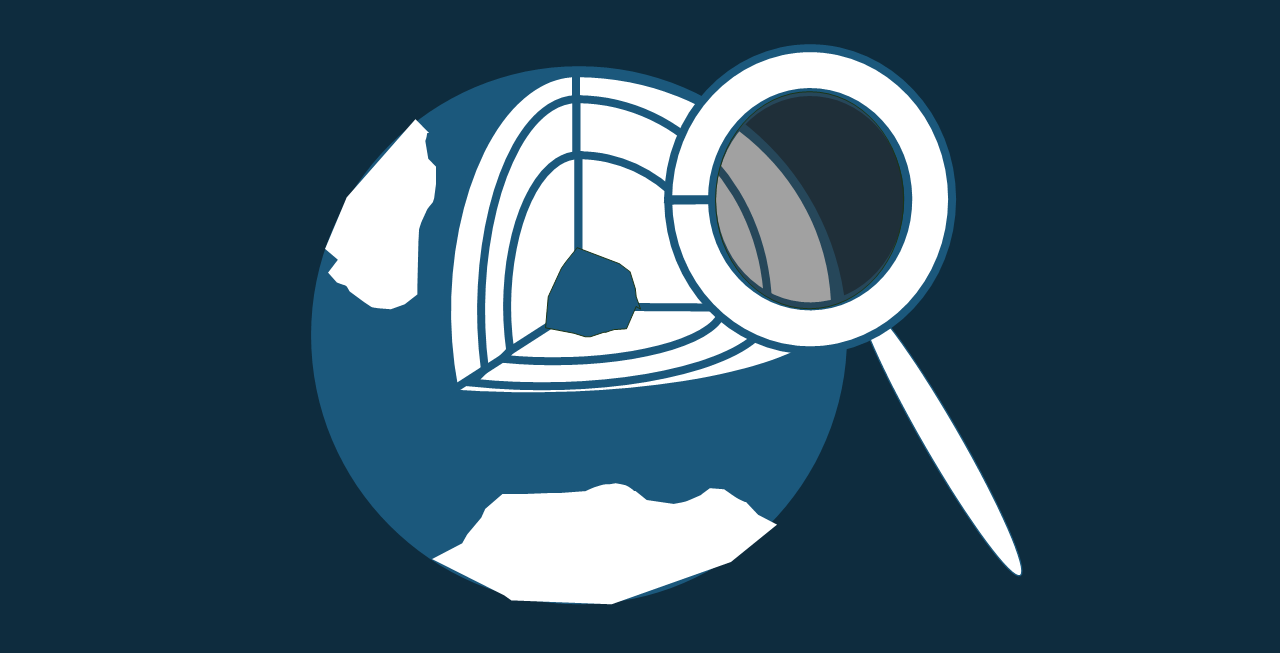 Icon of globe cut open to see layers of the Earth, with a magnifying glass looking inside. 