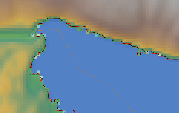 Overhead image of an elevation surface showing the difference between the jagged IfSAR breaklines and smoothed breaklines.