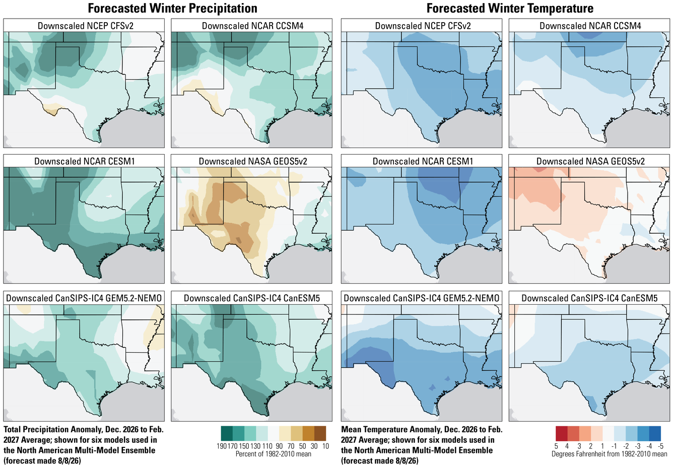 6 precipitation and 6 temperature forecast maps for the South Central U.S.