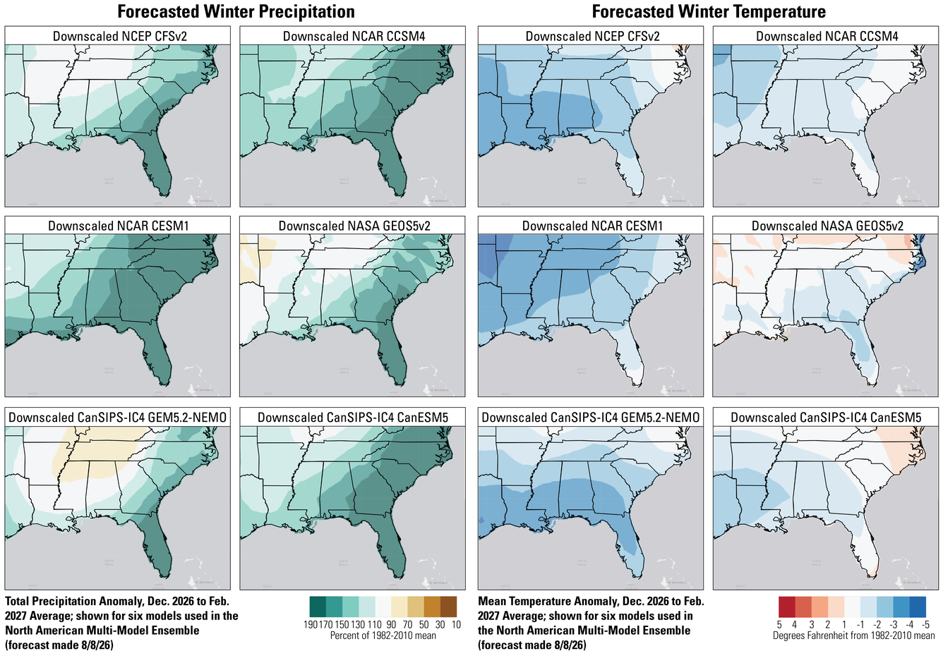 6 maps of the Southeast U.S. showing varying degrees of forecasted precipitation and temperature.