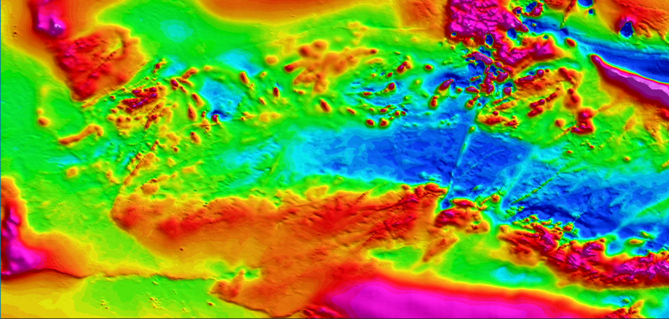 Brightly colored map showing magnetic values of a large landscape 