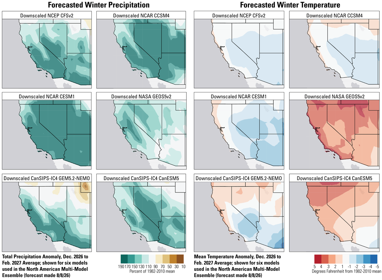 6 precipitation and 6 temperature forecast maps for the Southwest U.S.