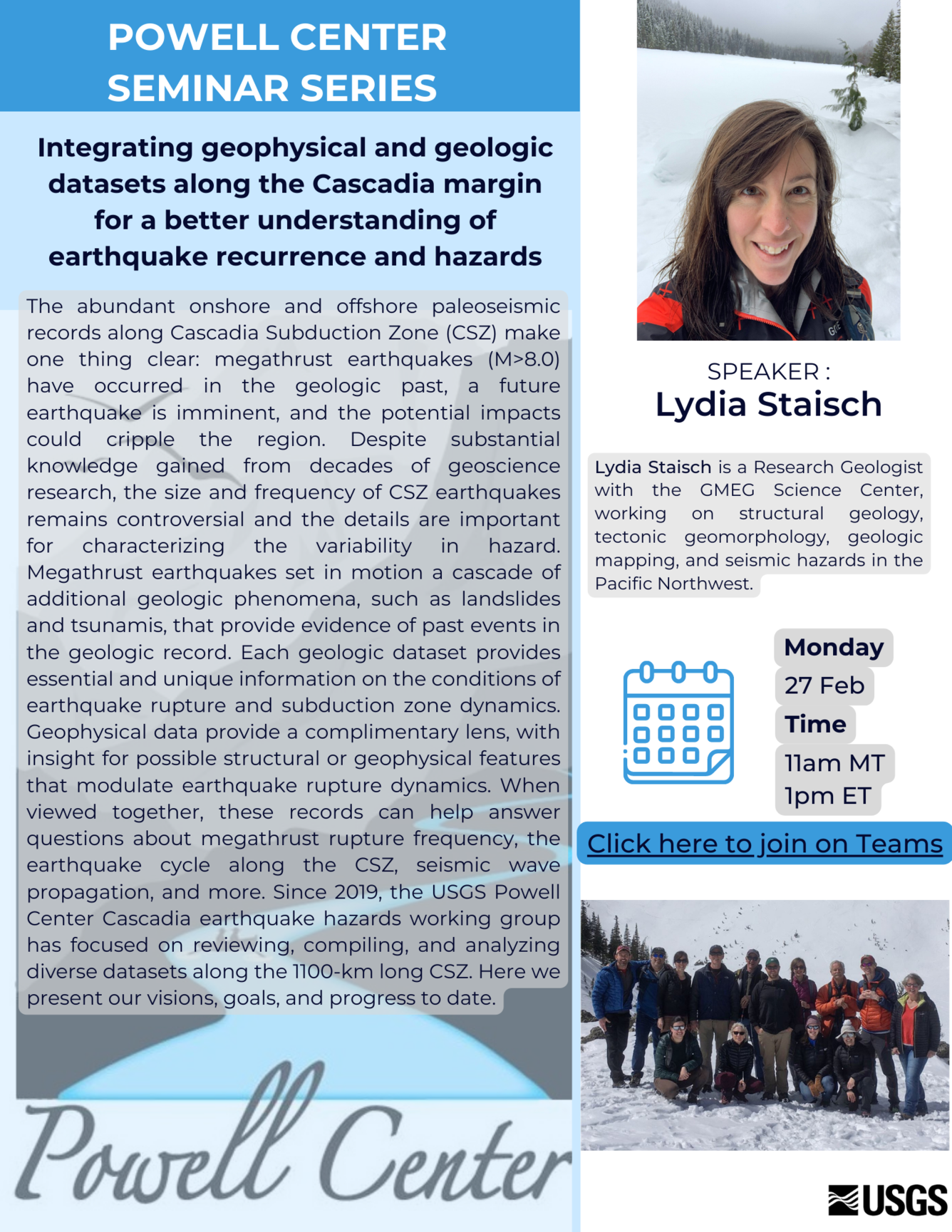 Poster for Powell Center Seminar series with Lydia Staisch