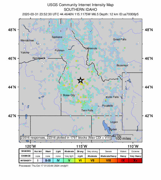 Map of Idaho and surrounding states with warm colors showing where Stanley earthquake was felt